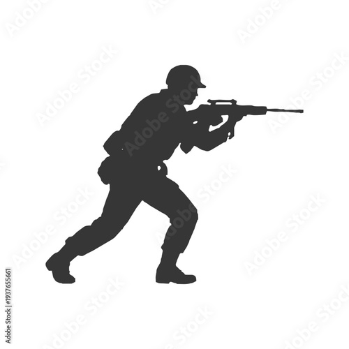 Silhouette of a soldier running with a rifle, perfect for active combat, assault, and battlefield maneuver designs.
