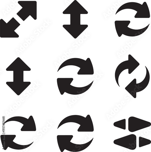 Black minimalist arrow vector icon set for refresh sync and navigation interface