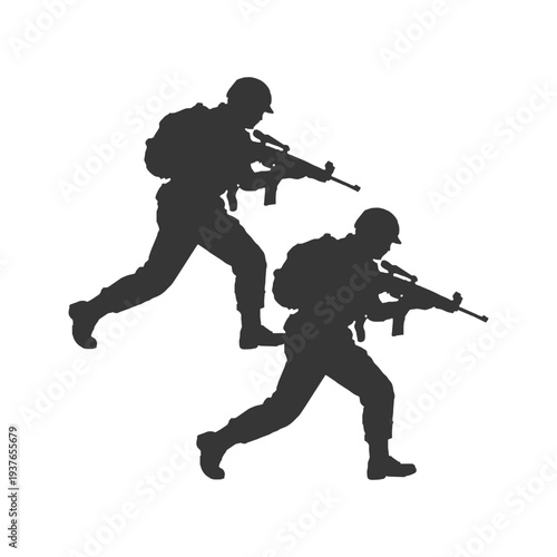 Silhouette of two soldiers in motion, one kneeling and one running, ideal for tactical transition scenes.