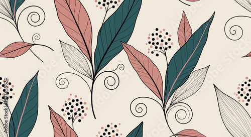 Vibrant leaf pattern with elegant swirling lines and dots on beige