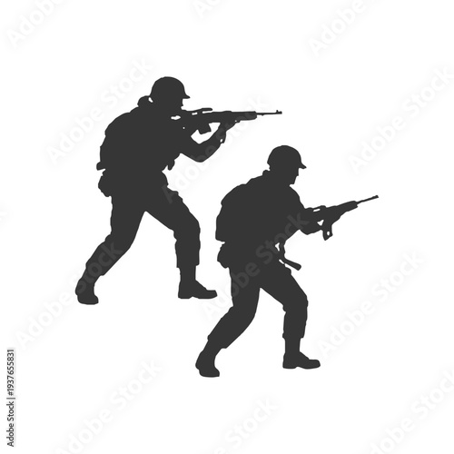 Silhouette of two soldiers moving cautiously, great for patrol, stealth, and tactical reconnaissance visuals.
