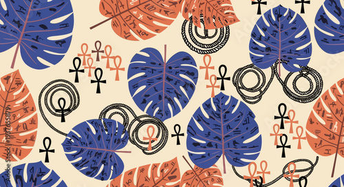 Vibrant tropical leaf pattern with ancient Egyptian symbols