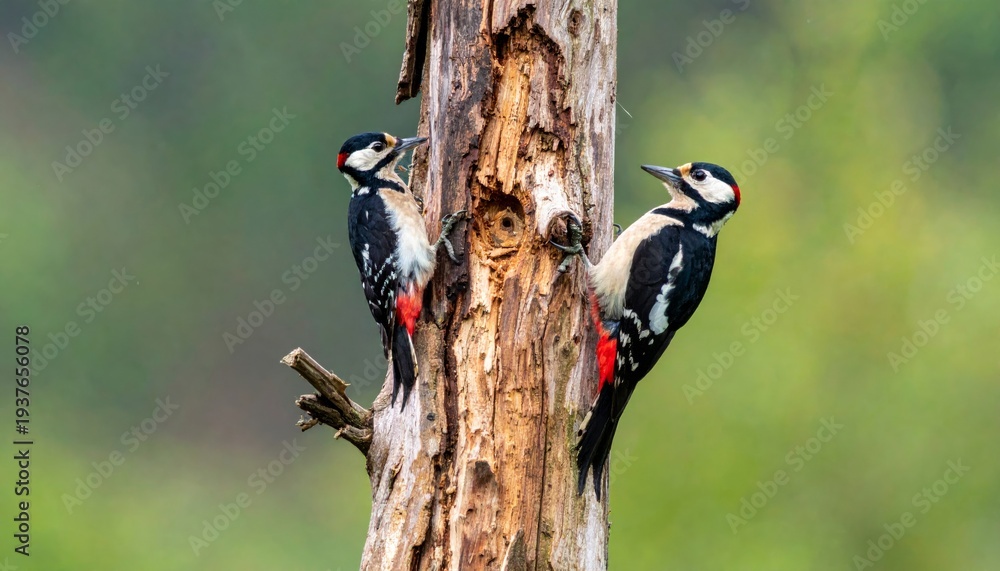 Obraz premium A red admiral butterfly rests on a branch of a great forest tree where a spotted woodpecker with black and white feathers perches amidst the wild nature