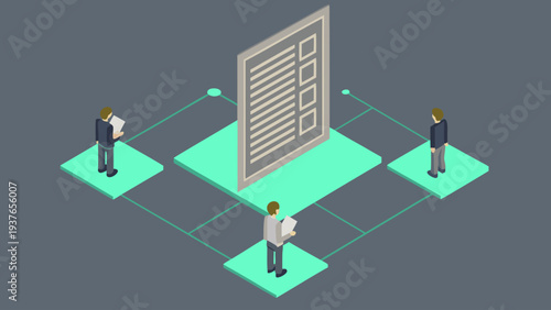 Vector illustration of business people interacting with abstract contract agreement document