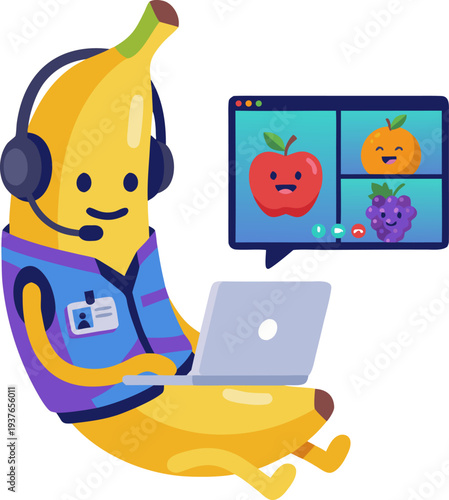 Cute Cartoon Banana Character Wearing Headset and Using Laptop for Video Conference with Fruit Friends