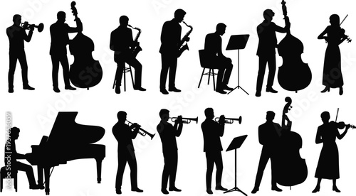 Print Black silhouettes of jazz musicians playing piano, trumpet, saxophone, double bass, and violin, isolated vector.