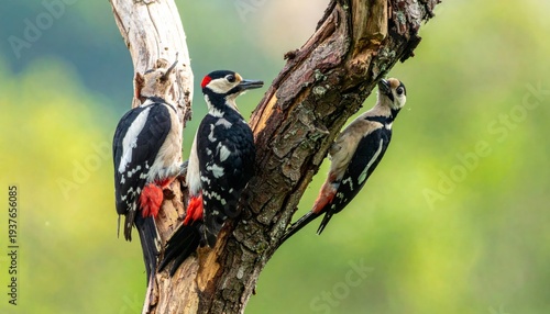 A red admiral butterfly rests on a branch of a great forest tree where a spotted woodpecker with black and white feathers perches amidst the wild nature