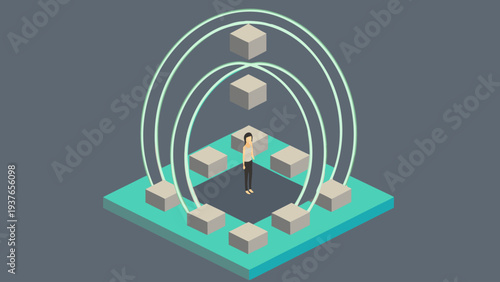 Abstract metaverse concept with person surrounded by floating cubes and arches on a futuristic platform