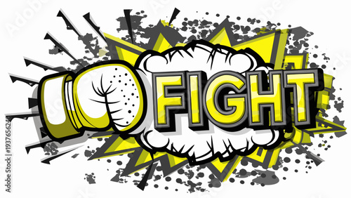 Boxing glove punching with lightning bolt effect in comic style illustration for sports and fitness concepts