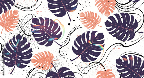 Vibrant tropical monstera leaves pattern with splashes