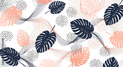 Vibrant monstera leaf pattern with dynamic lines and dots on white background
