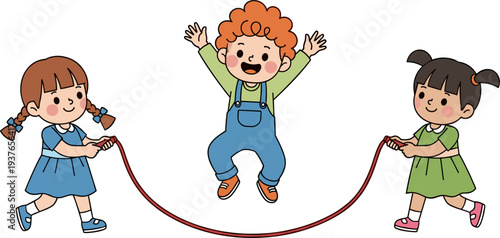 Happy Kids Playing Jump Rope Game Vector Illustration Showing Children Skipping Rope Together, Fun Outdoor Activity, Childhood Play and School Playground Recreation
