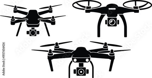 PrintCollection of black drone silhouette icons featuring quadcopters with cameras for aerial photography, surveillance technology, and remote controlled flight.