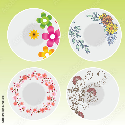 One time floral plate  set vector design isolated on background.Disposable plates, Single-use plates,Disposable plastic,paper tableware
Throwaway plates,Party plates,Biodegradable vector