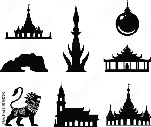 PrintPagoda, Temple, Myanmar, Asia, Landmark, Silhouette, Icon, Architecture, Spiritual, Culture, Monument, Sacred, Buddhist, Religion, Vector, Asian temple, Traditional pagoda, Spir