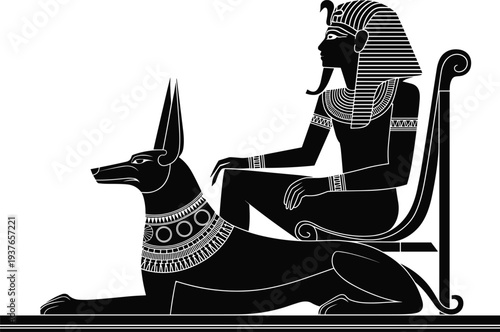 Ancient, Egyptian, Pharaoh, Sitting, Beside, Anubis, Jackal, God, Black, Silhouette, Hieroglyphic, Style, Mythology, Culture, Deity, Statue, Throne, Illustration, Isolated, Symbol