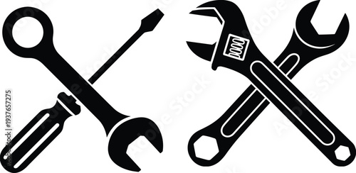 PrintBlack silhouette icons of crossed wrench and screwdriver and adjustable spanners for hardware repair, maintenance, and construction design.