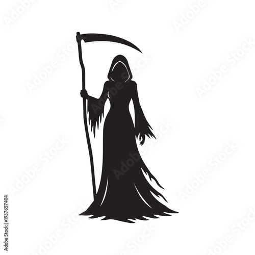 Black Silhouette Illustration of a Female Grim Reaper Holding a Scythe Representing Death and Fate
