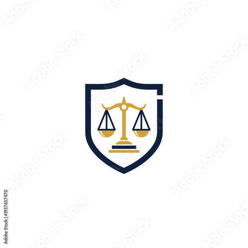 A shield emblem featuring a golden balance scale, symbolizing justice, law, and protection, on a white background.