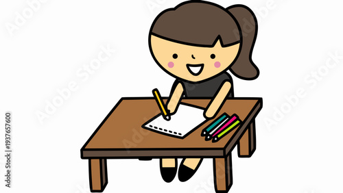 Young girl drawing in sketchbook with colored pencils on wooden desk creative activity happy cartoon character artistic hobby childhood imagination colorful illustration education