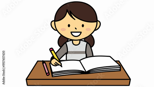 Cute cartoon girl studying diligently at a tidy desk with books and pencils happy and focused expression