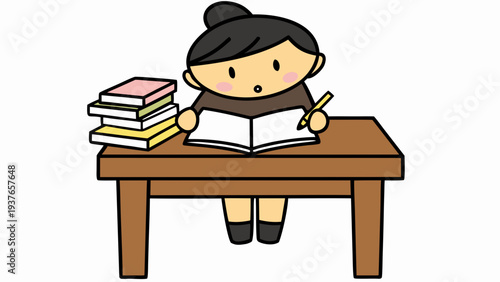 Cute cartoon girl studying for exam with books and pencil at wooden desk focused learning expression simple white background