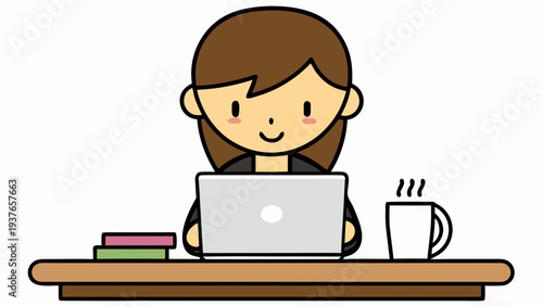 Cartoon girl working on laptop at home desk with books and coffee relaxed atmosphere flat design digital illustration modern workspace
