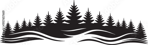 Black evergreen pine forest vector silhouette border with wavy hills