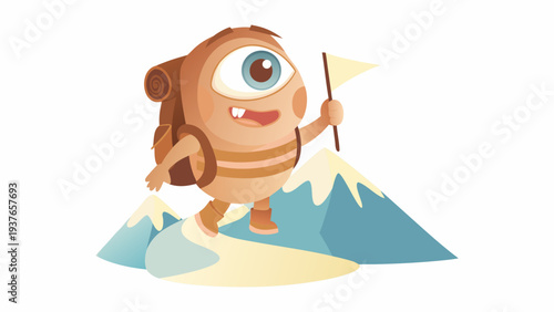 Cartoon one eyed monster hiking on mountain trail with backpack and trekking pole adventurous journey outdoor activity fantasy creature travel concept