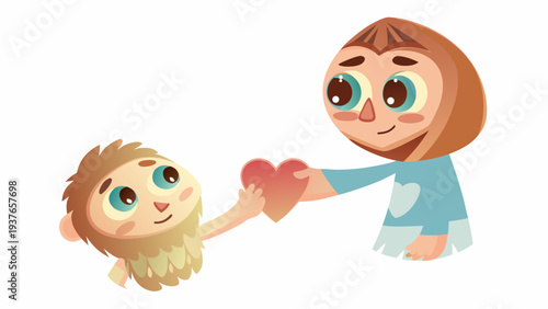 Friendly cartoon monster and girl sharing love with a heart symbol together in a heartwarming illustration with bright colors and smiling faces