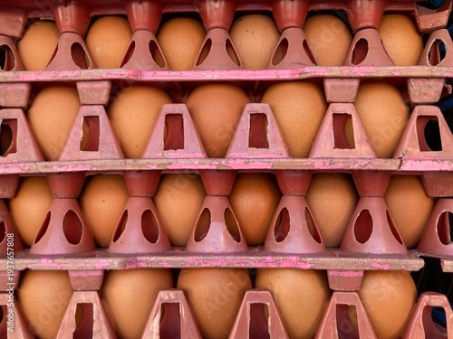 Full-frame shot of an old pink plastic egg tray filled with fresh chicken eggs
