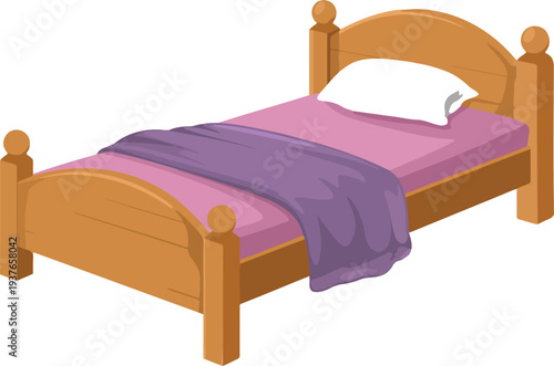 Clean Outline Wooden Single Bed Vector Illustration Featuring Purple Bedding Pillow and Classic Design