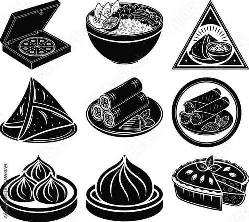 Black and white of diverse food and dishes food black and white pizza box salad bowl samosa spring rolls