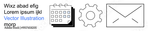 Communication, organization, workflow management, scheduling systems, technical settings, email. Calendar, gear and envelope icons on a simple layout. Communication and organization concept