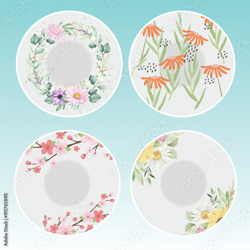 One time floral plate  set vector design isolated on background.Disposable plates, Single-use plates,Disposable plastic,paper tableware
Throwaway plates,Party plates,Biodegradable vector