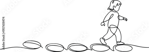 Child walking illustration, continuous line art, stepping stones, minimalist drawing, balance motion, modern sketch, abstract design, youth figure, creative vector, artistic concept