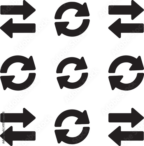 Black minimalist vector arrow set for sync transfer and data exchange interface