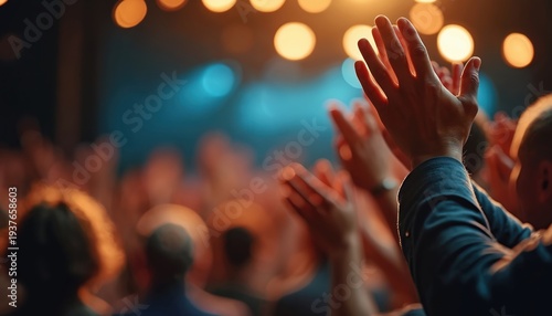 Hands clap in unison under stage lights. Audience applauds performer, celebrating a successful show. Crowd shows appreciation and joy at event, acknowledging achievement.