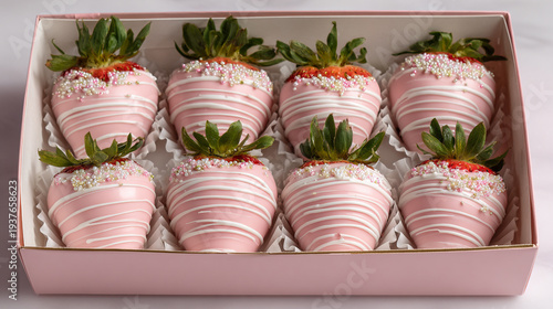Pink chocolate-covered strawberries, beautifully presented in a gift box.