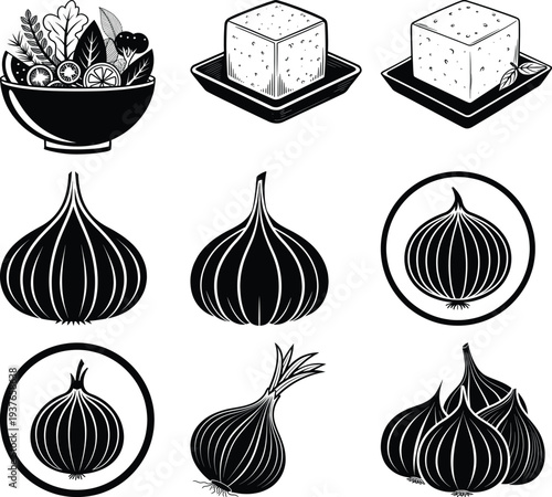 Black and white of salad bowl tofu and onions fresh vegetables leafy greens citrus slices tofu cubes