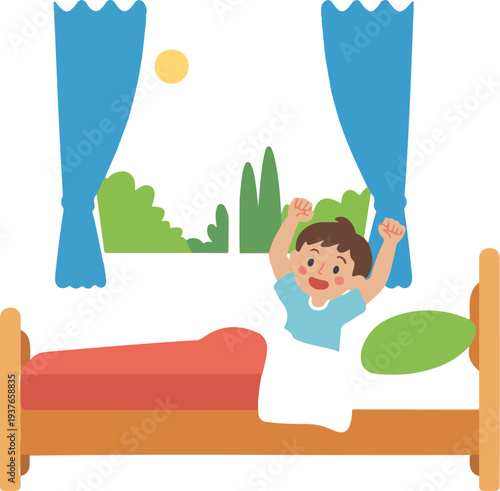 Cute Cartoon Smiling Boy Stretching in Bed Morning Sunlight Through Window Vector Illustration