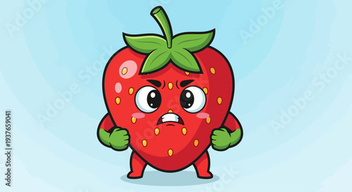 Angry Strawberry Character with Muscular Arms, Cartoon Style