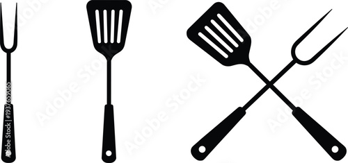 Barbecue grill fork and spatula cooking tools icons set BBQ kitchen utensils silhouette vector illustration for grilling food design