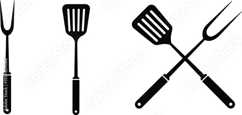 BBQ grill tools icons set including spatula fork barbecue utensils cooking equipment silhouette vector collection for kitchen grilling design