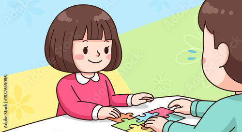 Children playing jigsaw puzzle, teamwork, learning, fun, indoor activity, education, family time