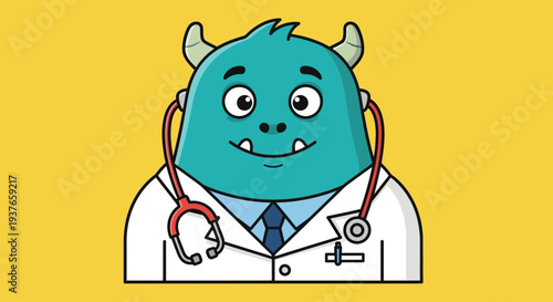 Cute blue monster doctor with stethoscope and lab coat, friendly cartoon character