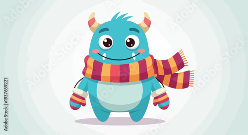 Cute blue monster wearing a scarf and mittens, winter clothing, cartoon character