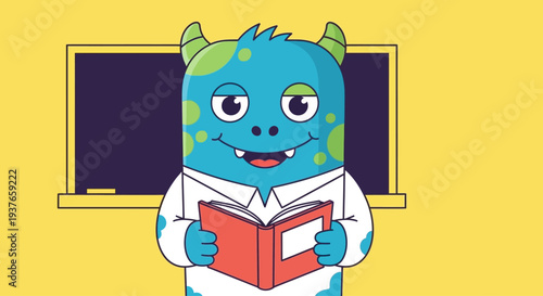 Cute blue monster teacher reading book in classroom