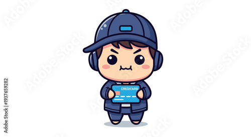 Cute cartoon boy in cap holding credit card, angry expression, online shopping concept
