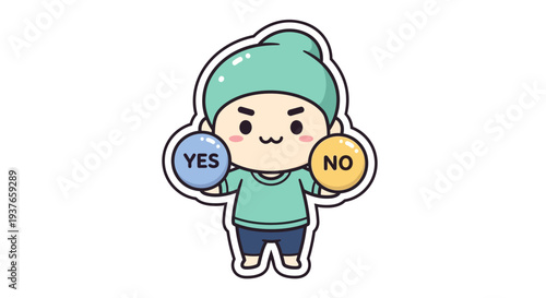 Cute cartoon boy holding yes and no buttons, decision making, choice, options, question